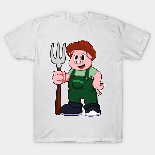 Pig at Farmer with Rake T-Shirt by Markus Schnabel